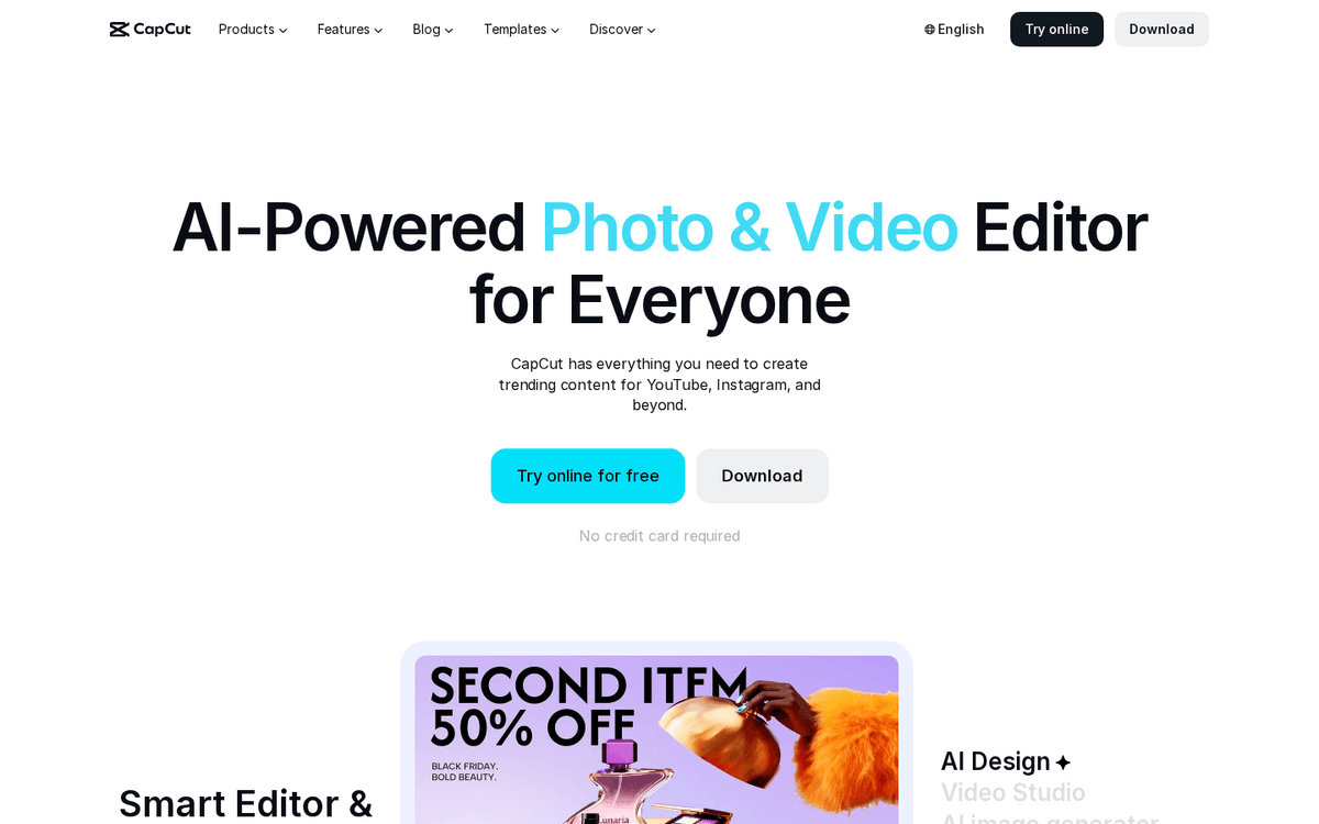 Screenshot of the CapCut website.
