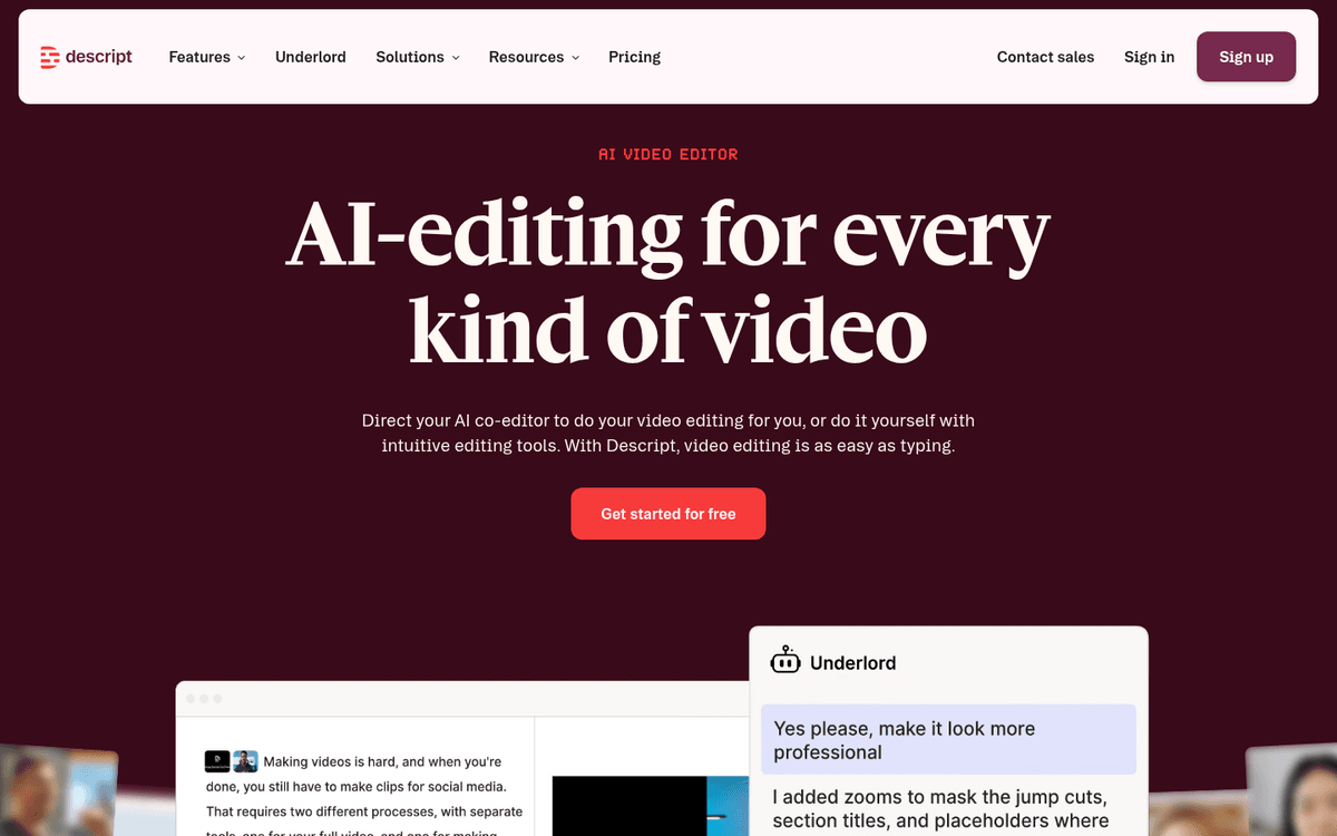 Screenshot of the Descript website.