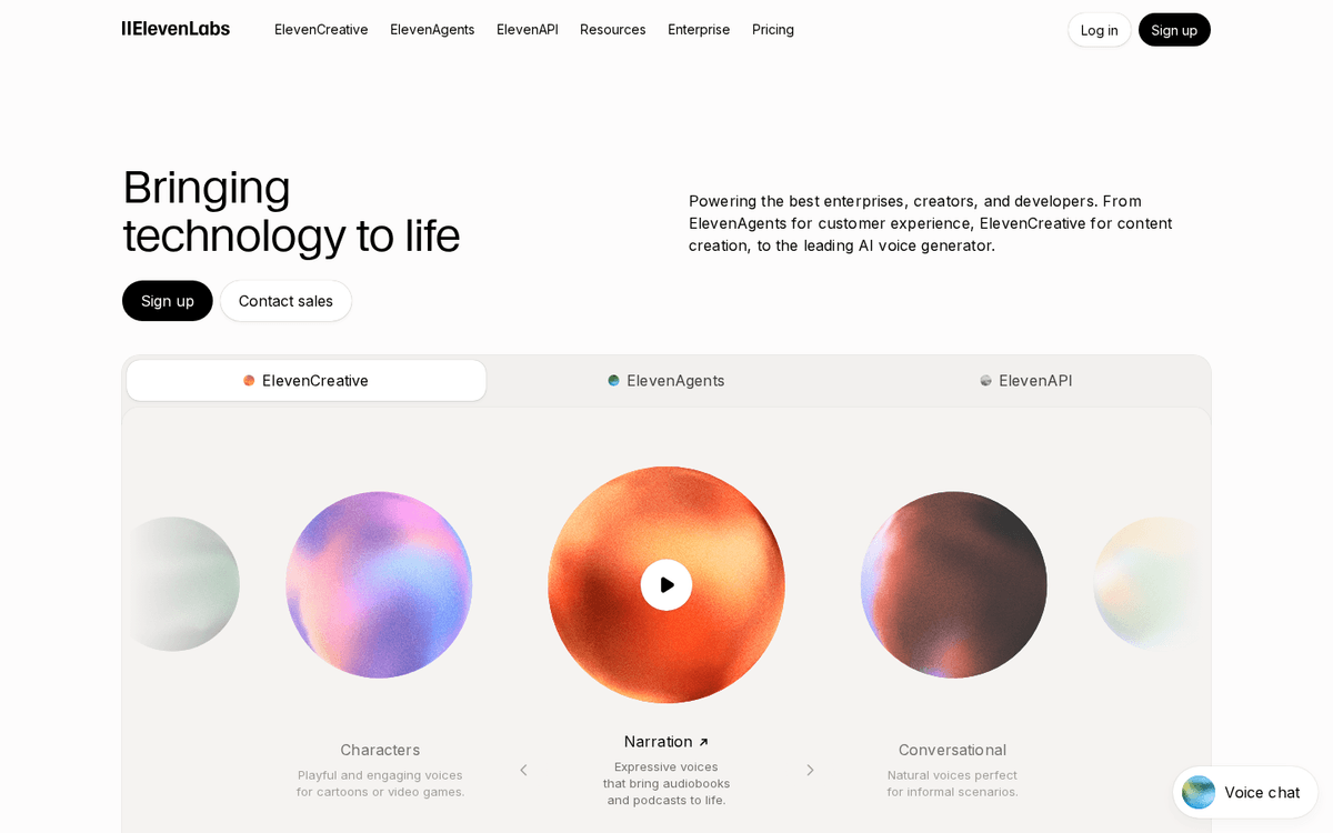 Screenshot of the ElevenLabs website.