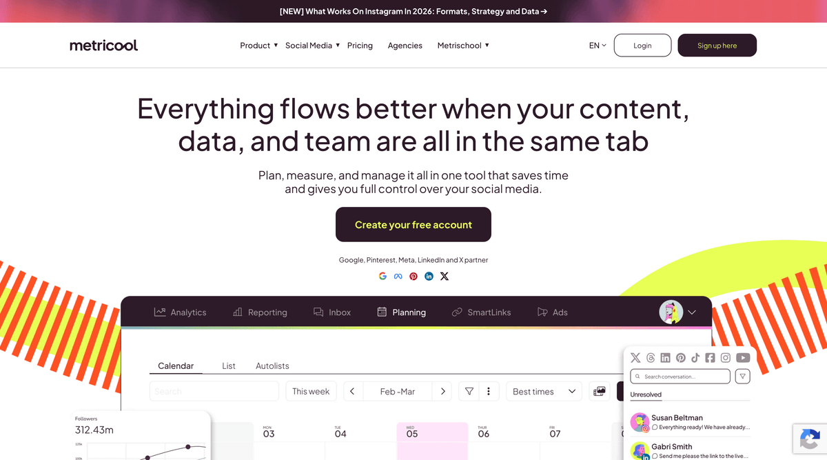 Screenshot of the Metricool website.