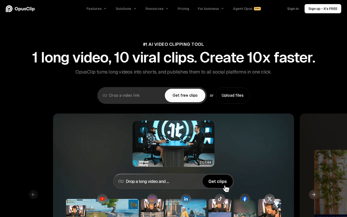 Screenshot of the Opus Clip website.