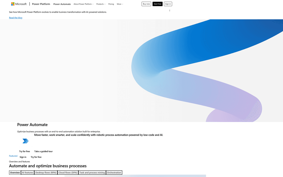 Screenshot of the Power Automate website.